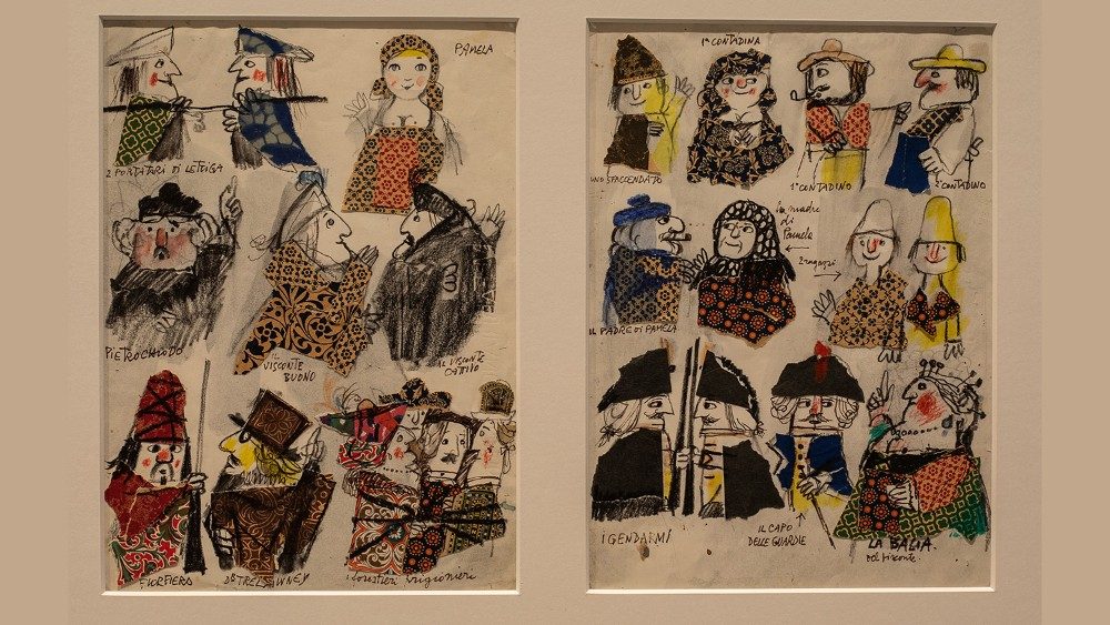 Emanuele Luzzati, Personaggi, illustrazione ne Il visconte dimezzato, 1975, pennarello, matita e collage su carta, mm 330 × 240, Genova, Archivio generale opere, Lele Luzzati Foundation - Casa Museo