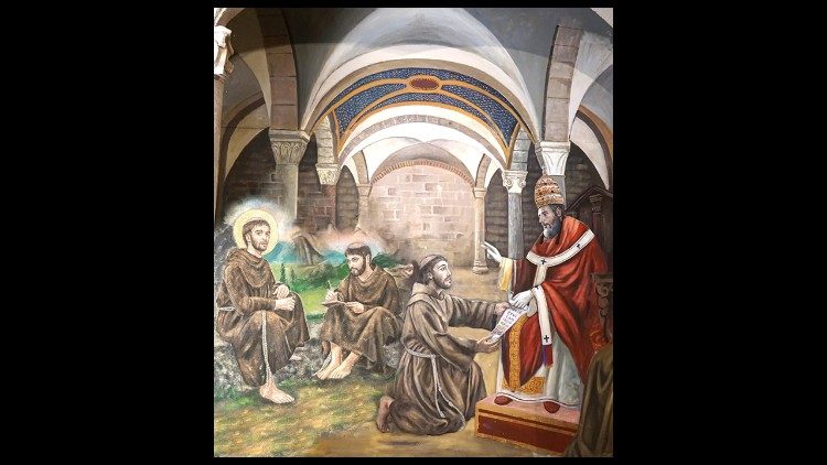 Bozzetto di Francesco Artese, Francesco scrive la regola e Francesco consegna la Regola a Onorio III